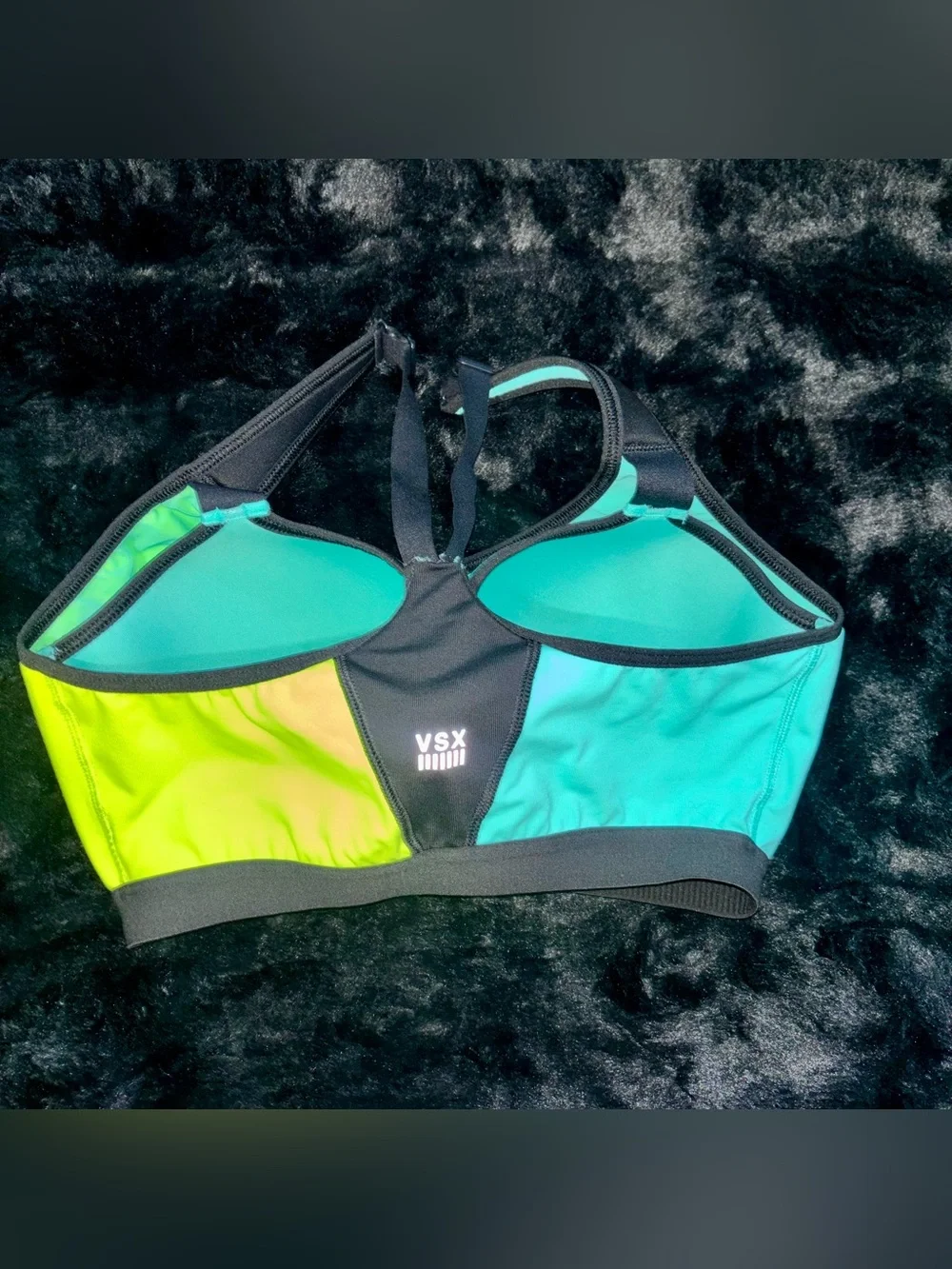 VSX Front-Zip Colorblock Sports Bra in Aqua & Lime Green